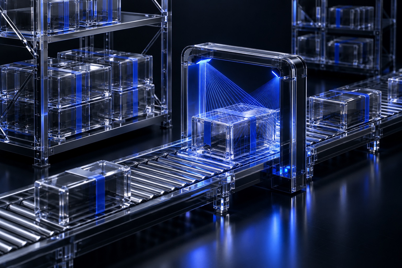 Logistics optimization with computer vision in a warehouse — conceptual illustration in blue glass