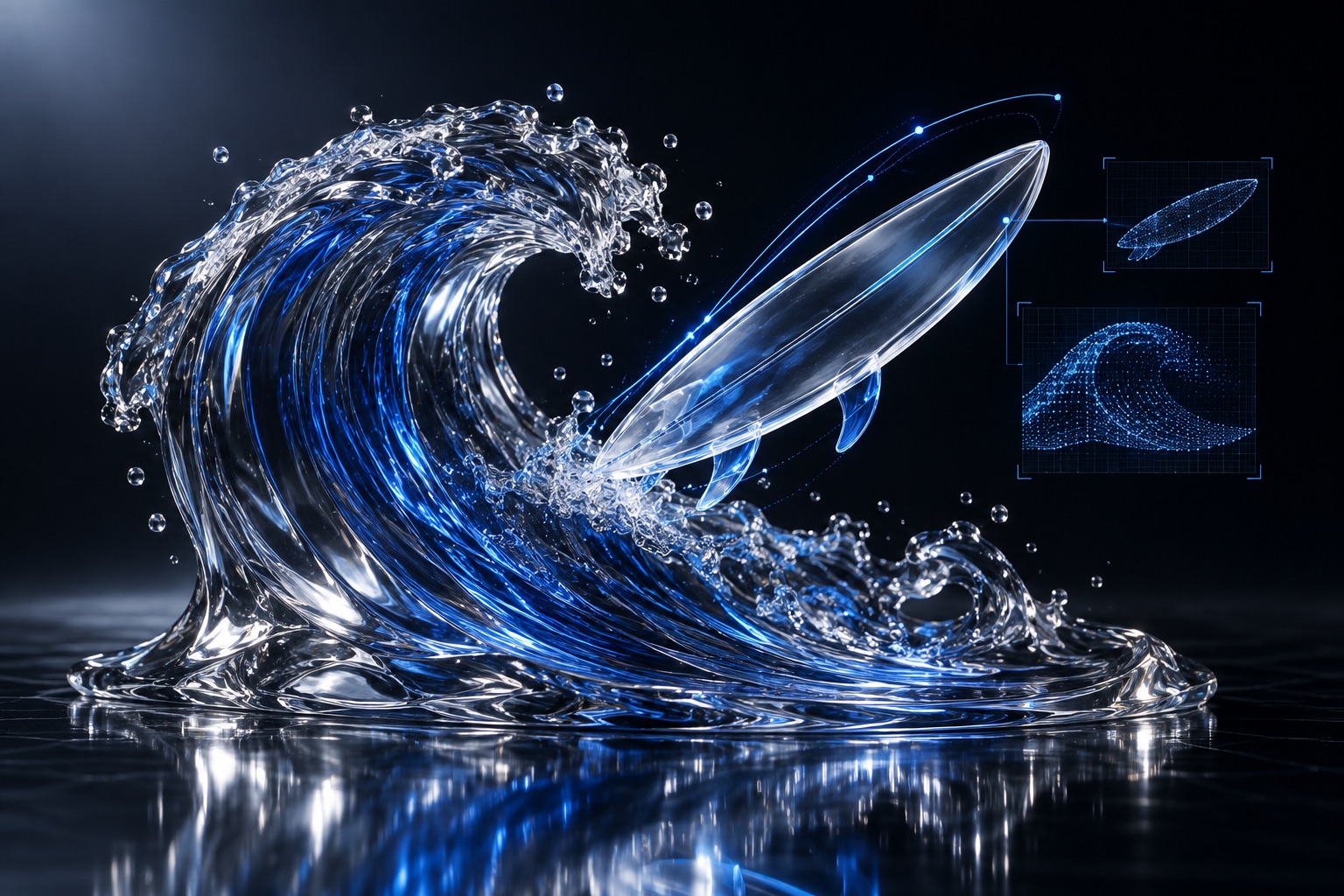 Surfing performance optimization with computer vision — conceptual illustration in blue glass