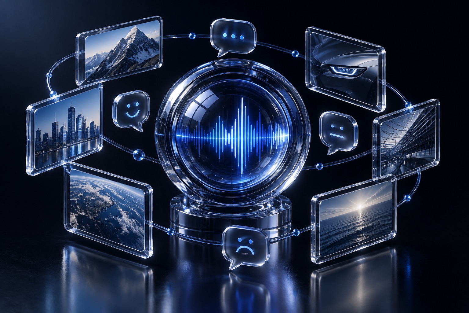 Media and sentiment analysis and reporting with AI — conceptual illustration in blue glass