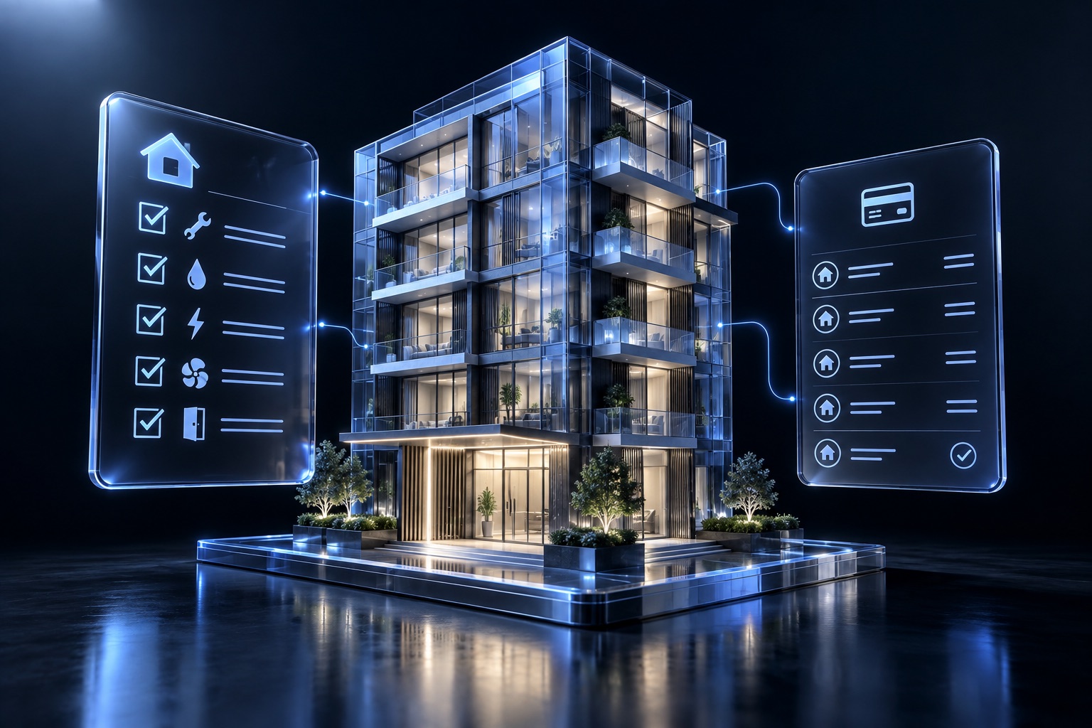 AI for statements, occupancy, collections, inspections and receipts — conceptual illustration in blue glass