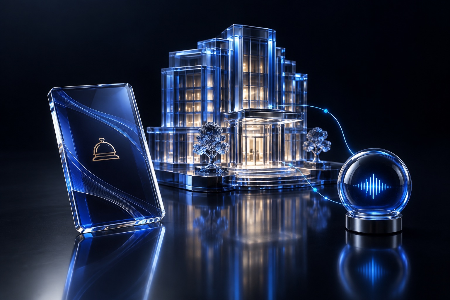 AI-powered virtual booking assistant — conceptual illustration in blue glass