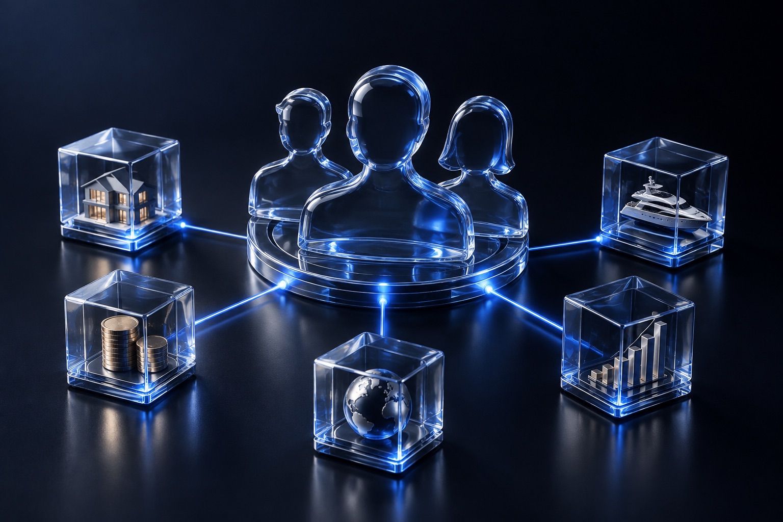 AI-powered customer profile analysis for upselling and cross-selling — conceptual illustration in blue glass