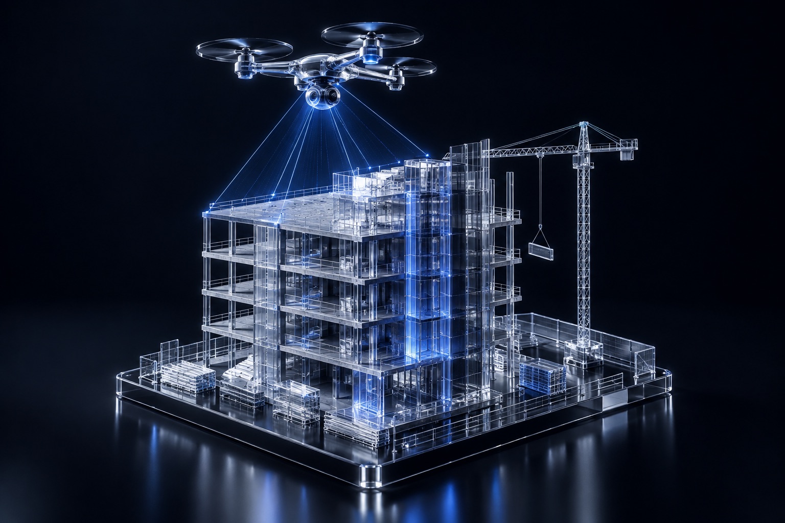 Intelligent construction monitoring with drones and computer vision — conceptual illustration in blue glass