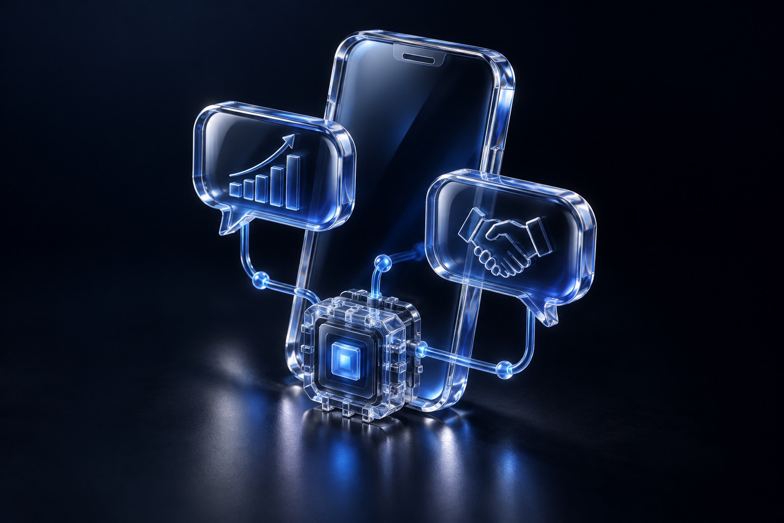 WhatsApp sales automation with AI agents — conceptual illustration in blue glass