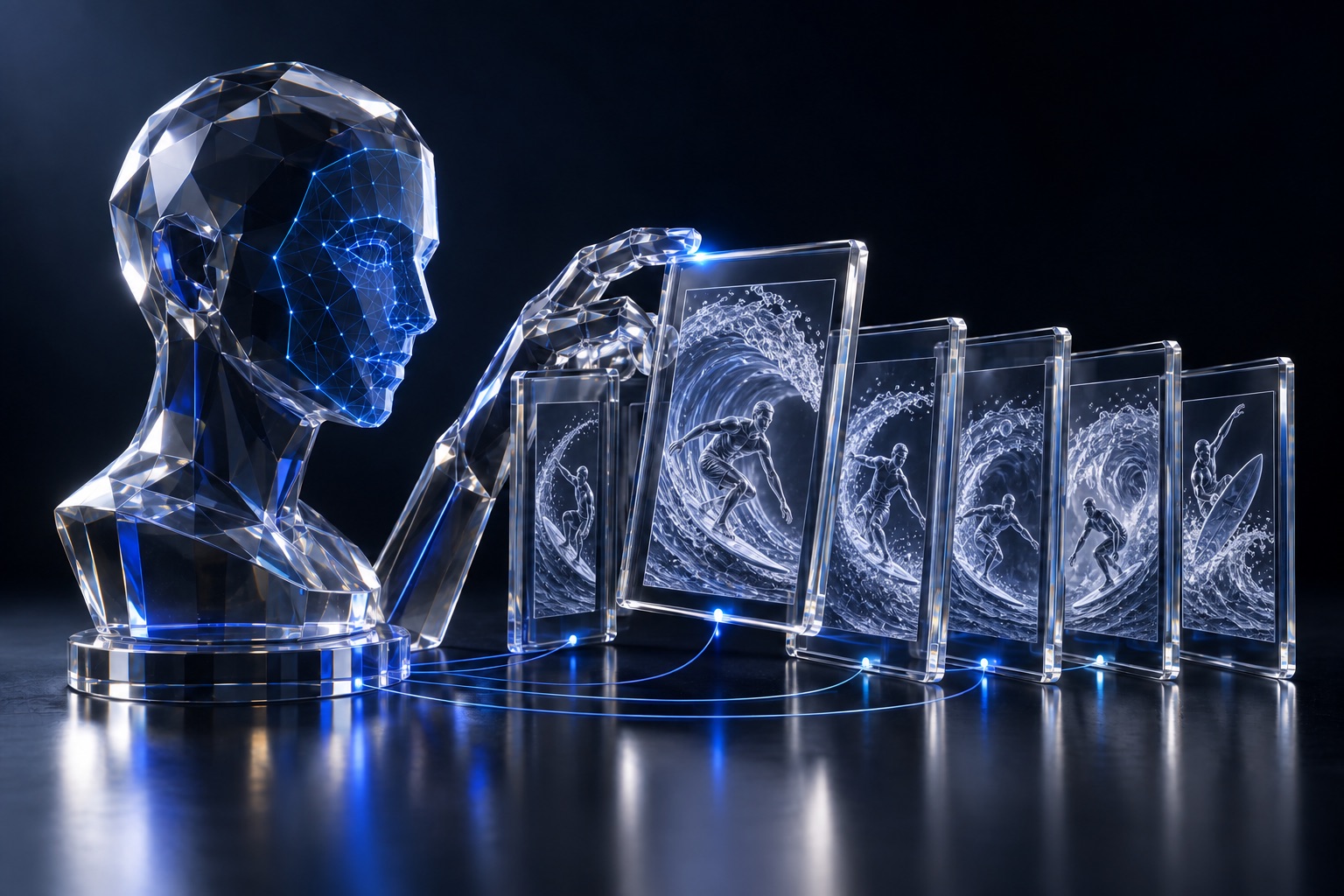 Photo and video sorting using facial recognition — conceptual illustration in blue glass
