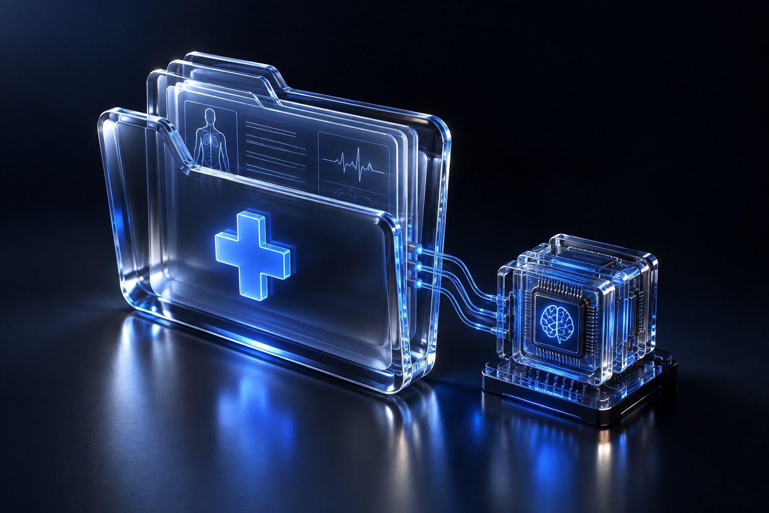 AI for productivity and accuracy in medical records — conceptual illustration in blue glass