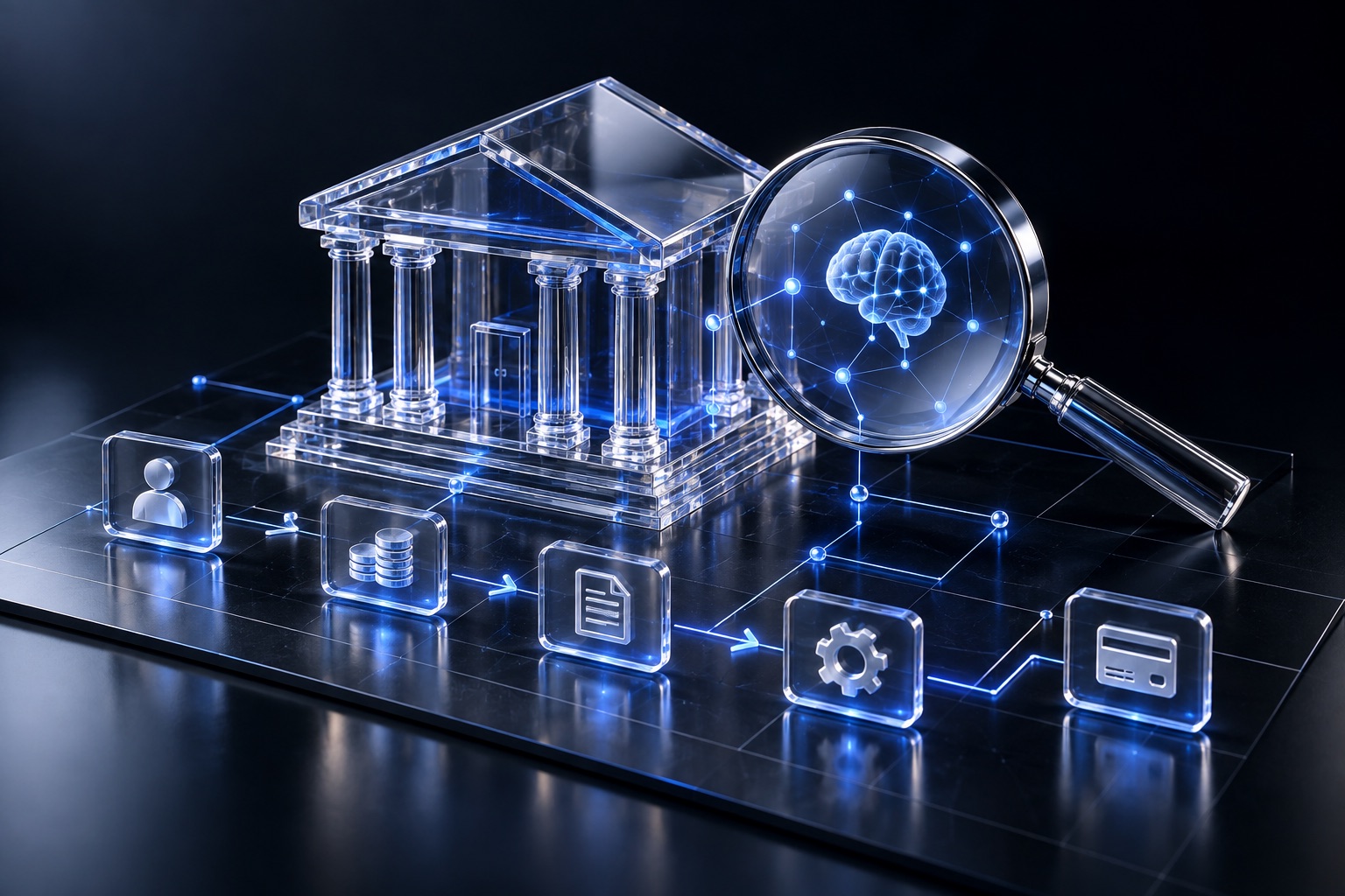 AI assessment for banking process optimization — conceptual illustration in blue glass