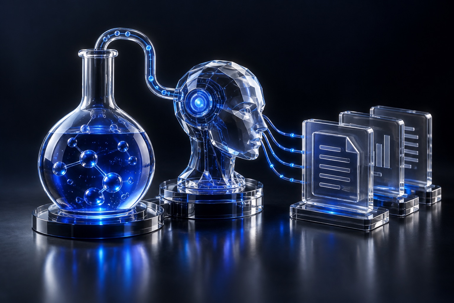 Lead qualification, digital human and RFP summarization — conceptual illustration in blue glass