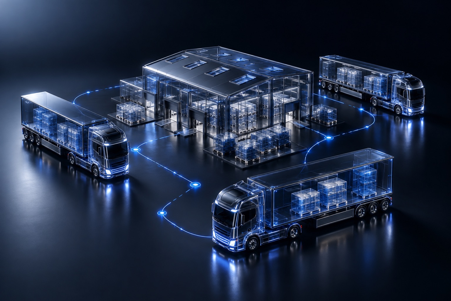 Predictive fleet and inventory management — conceptual illustration in blue glass